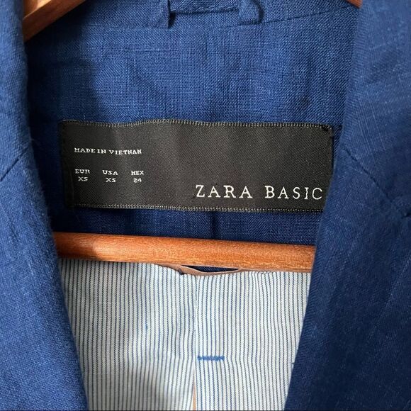Zara Women's Linen Cobalt Blue One Button Blazer Suit Jacket - Picture 5 of 8